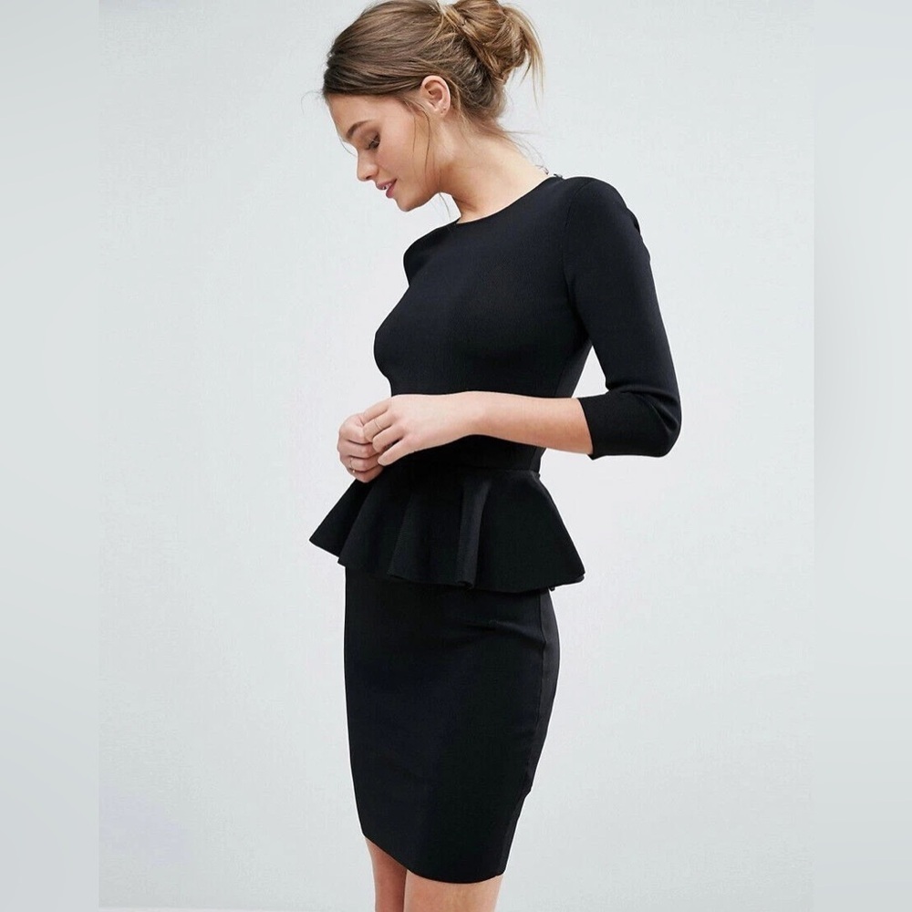 Ted Baker Black Peplum Mini Dress Sheath 3/4 Sleeves Formal Event Professional